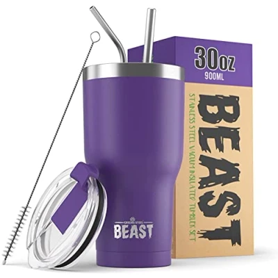Imagen de BEAST Termo Café para Llevar 900ml I Púrpura Profundo Taza Térmica de Acero Inoxidable Reusable Viajera Doble Pared al Vacío 2 Pajitas y Cepillo Limpieza