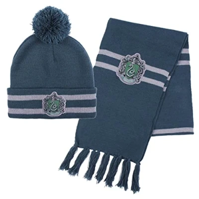 Imagen de Harry Potter Gorro y Bufanda, Conjunto de Invierno para Niños Adolescentes, Bufanda Hogwarts Slytherin, Accesorios Verde