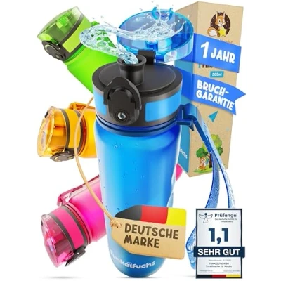 Imagen de Funkelfuchs® Botella para niños 500 ml azul apta bebidas carbonatadas 100% a prueba de fugas agua lavavajillas guardería, escolarización, escuela, deporte