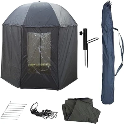 Imagen de PHOENIX 91109 Paraguas de pesca Ø250 cm tienda con paragüero y piquetas, protege la lluvia, el viento, frío los rayos UV, para 3 hombres equipo + estuche GRATIS