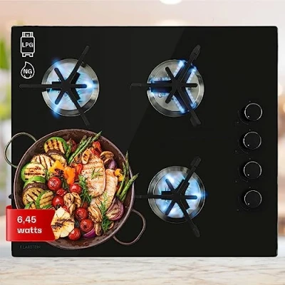 Imagen de Klarstein Trifecta placa de cocina gas natural, propano, encastrable, quemador triangular, vélcula seguridad, autoapagado, hierro fundido, vitrocerámica 6 mm Ø, 4 llamas, 60 cm, negro