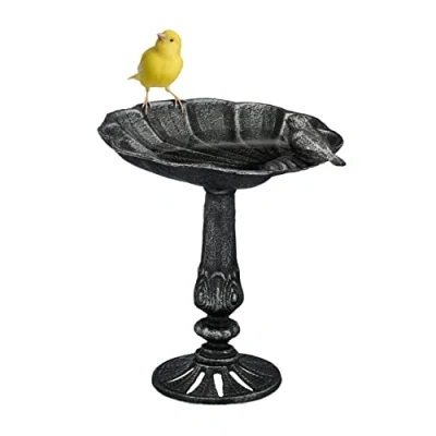 Imagen de Relaxdays Bebedero de Pie Pájaros, Baño Aves Hierro Fundido, Resistente al Invierno, Fuente con Pedestal, Color Plateado, 24 x 21 18 cm Aprox