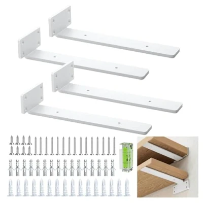 Imagen de Escuadras Para Estanterias Blancas De Alta Resistencia 25 Cm/10 Pulgadas, 5 Mm Grosor, Paquete 4 Ocultos Flotantes, Soportes Estantes Industriales RÚsticos Con Acabado Hierro Moderno
