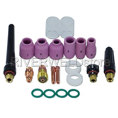 Imagen de RIVERWELD lente de Gas corta TIG 17GL332 Kit boquillas alúmina con y copa Cuarzo No.10 2,4mm compatible DB SR WP 17 18 26 soplete soldadura 21 pcs