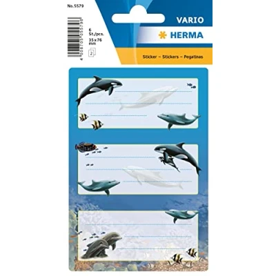 Imagen de HERMA 5579 etiquetas para libros etiquetar, delfines (76 x 35 mm, 6 pegatinas con nombre, papel, purpurina), autoadhesivas, permanentes, escolares libros, cuadernos, cajas, hogar,