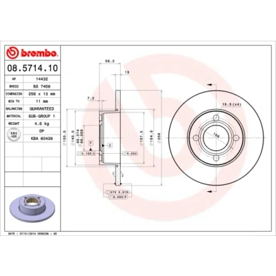 Imagen de BREMBO 08.5714.10 Disco de freno 256 13 4 macizo AUDI: 80 B4 Berlina, Avant