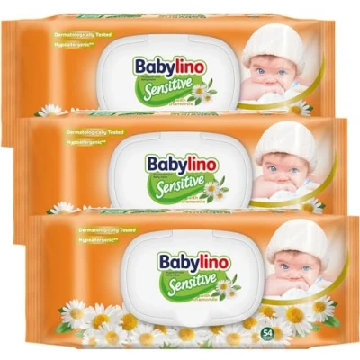 Imagen de Babylino Sensitive toallitas con delicada fragancia de Manzanilla, Fórmula 98% Natural que restaura el pH la piel, 3 envases cierre ahorra frescor, 162