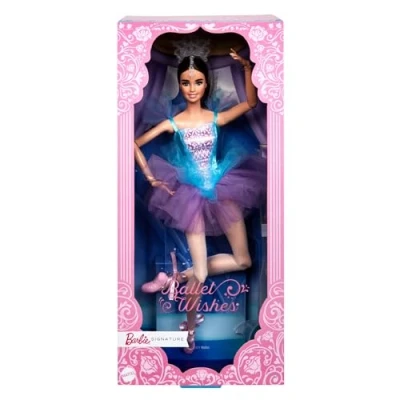 Imagen de Barbie Muñeca Morena Deseos de Ballet con tutú Azul y Morado Accesorios, colección Signature, Juguete para Adultos +6 años (JCW44)