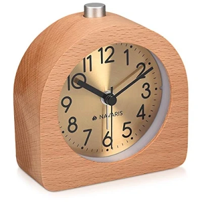 Imagen de Navaris Despertador analógico Reloj semicircular con luz de Madera función repetición En marrón Claro Fondo Dorado