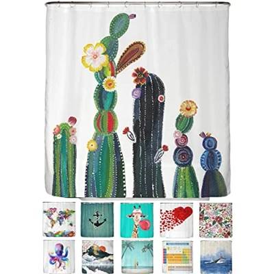 Imagen de arteneur® Cactus Flores Cortina de Ducha antimoho 180 x 200 Reciclada con Öko Tex Standard 100 Dobladillo Peso, Opaca, Resistente al Agua, Lavable, 12 Anillas