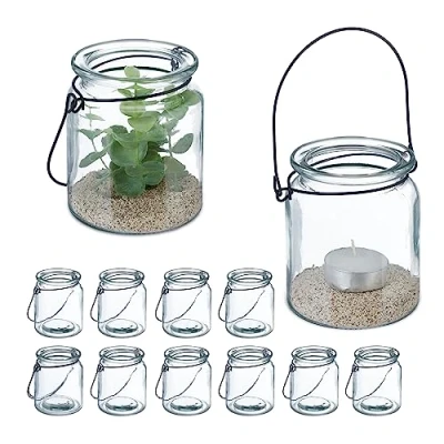 Imagen de Relaxdays Juego Portavelas Cristal, Set de 12, Porta Velas con Asa, 9,5 x 8 cm, Tarros Vidrio Redondos, Transparente/Negro, Hierro