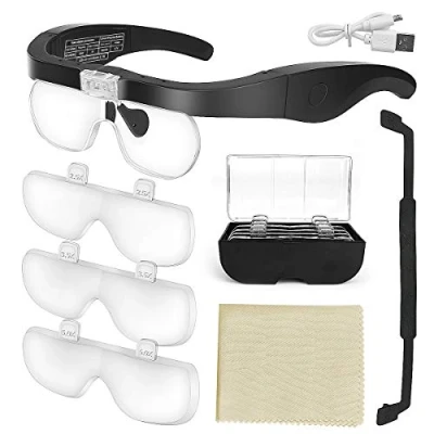 Imagen de E More Lupa con luz 2 LED Lupas de Gran Aumento Perfecto para Leer, Extensiones Reparación Joyería,Tarcrafter Gafas Visera y 4 Lentes Intercambiable1.5X, 2.5X, 3.5X, 5X.