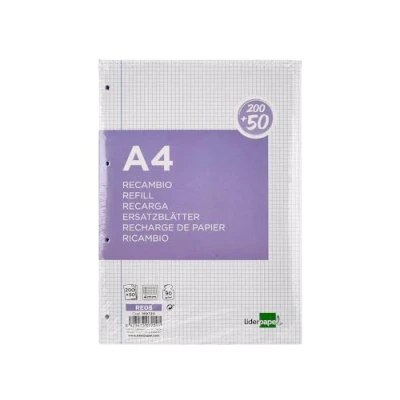 Imagen de LIDERPAPEL RECAMBIO BLOC A4 200+50 HOJAS 90G/M2 CUADRO 4 MM CON MARGEN TALADROS