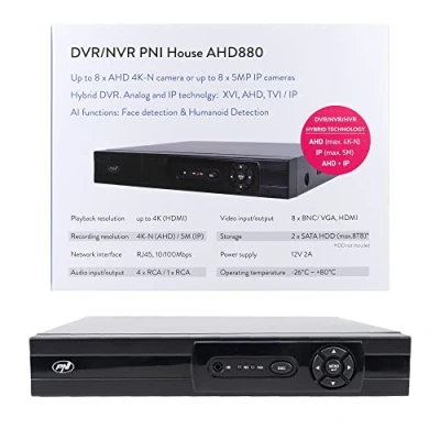 Imagen de DVR/NVR PNI House AHD880, 8 Canales analógicos 4K N u 5MP, H265+, Entrada de Audio, Salida USB2.0, 2 x SATA MAX 8TB