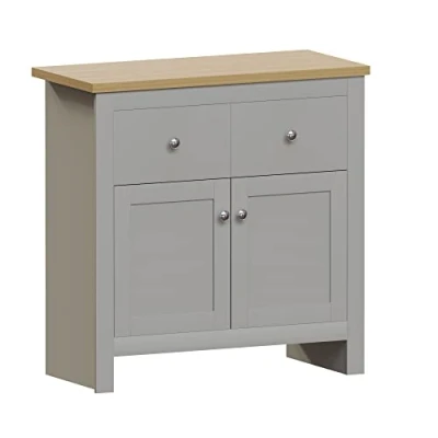 Imagen de Marca Amazon Vida Designs Aparador Arlington con 2 cajones y Puertas, Madera de ingeniería, Gris Roble, H 80 x W 79 D 35 Cm