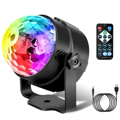 Imagen de Luces Discoteca, Rotación de 360 Fiesta con Sonido Activado, 7 Colores RGB Bola Discoteca Control Remoto y Cable USB, Lampara para Fiestas, Cumpleaños, Bodas