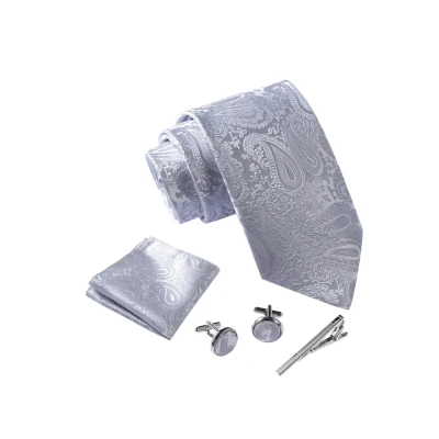 Imagen de Massi Morino Corbatas de hombre Paisley Gris y pañuelos con gemelos, clip corbata set Claro Accesorio traje modernas para boda