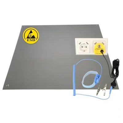 Imagen de Minadax Esterilla antiestática para ordenador ESD, 60 x 40 cm, incluye manguito + extensión de 2,4 m conector tierra ESD