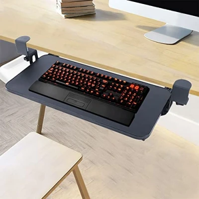 Imagen de SHZICMY Bandeja extraíble para teclado con pinzas de mesa, soporte teclado, altura ajustable, color negro