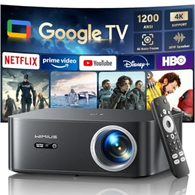 Imagen de Proyector 4k【1200 ANSI/Google TV/Netflix Disney+ Oficial】 WiMiUS Full HD 1080P Nativo, Control de Voz, Auto Focus/Keystone, WiFi 6&amp;Bluetooth 5.2 en Casa/Exterior