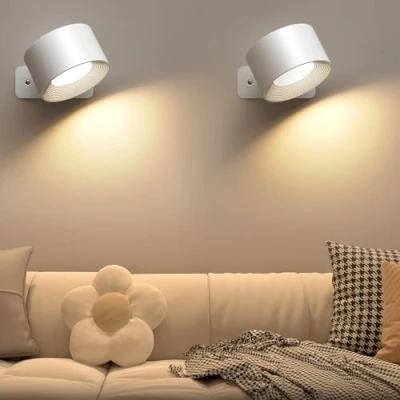 Imagen de Lámpara de Pared 2 Pcs, Apliques Interior Giratoria 360 con Carga USB 3 Modos Color Niveles Brillo, para Dormitorio Sala Estar Lectura