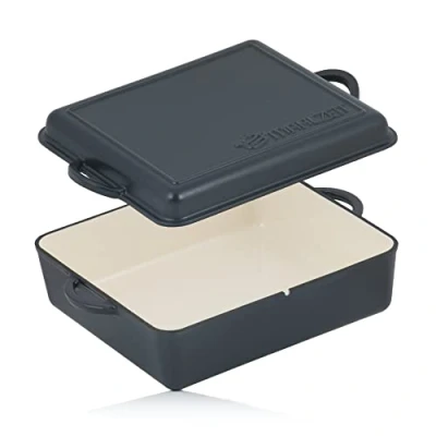 Imagen de Mahlzeit Cazuela de Hierro Fundido Esmaltada 10,8 litros Asador 2 en 1 con Sartén, Tapa apto para Horno, Inducción Cacerola