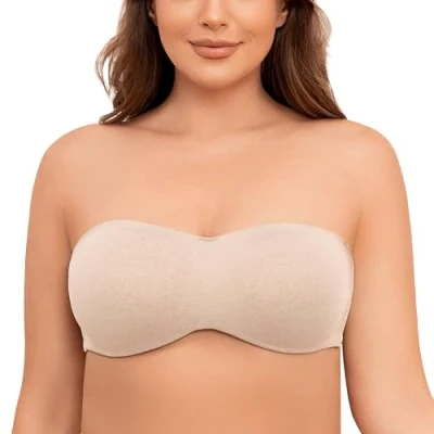 Imagen de MELENECA Sujetador Talla Grande sin Tirantes Minimizer Relleno con Aros Transparente para Mujer Brezo Beige pálido 115D