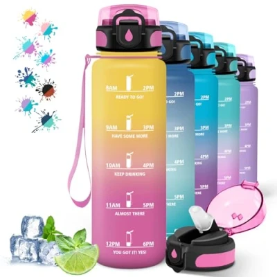 Imagen de Botella Agua 1 Litro, Gimnasio con Pajita, Reutilizable, Marca de Tiempo, Gym, A Prueba Fugas, para Cámping, Yoga, Correr, Senderismo, Amarillo rosa