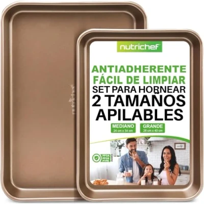 Imagen de Nutrichef juego de 2 bandejas horno, Para hornear, Servir, Apilables, Rectangulares, Antiadherentes, Alta calidad. Dorado