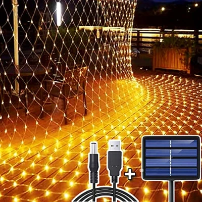 Imagen de 204 LEDs Guirnaldas Neta Luz, 3M X 2M Impermeable de luz Red Alimentado por Energía Solar/USB, Recargable Malla Cortina Luce Iluminación para Navidad Decoración Interior Exterior, Blanco Cálido