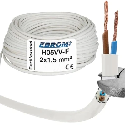 Imagen de EBROM cable de plástico redondo, cable, alimentación, dispositivo H05VV F 2 x 1,5 mm², color: blanco, muchas longitudes en incrementos 5 metros hasta 200 metros,