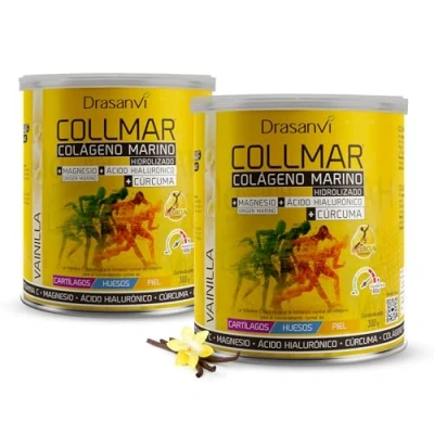 Imagen de Drasanvi COLLMAR Colageno Marino Hidrolizado + Cúrcuma con Magnesio, Vitamina C, Ácido Hialurónico para bienestar articular y muscular, asimilación 9.355 mg/día, 2 x 300 g de polvo, Sabor Vainilla