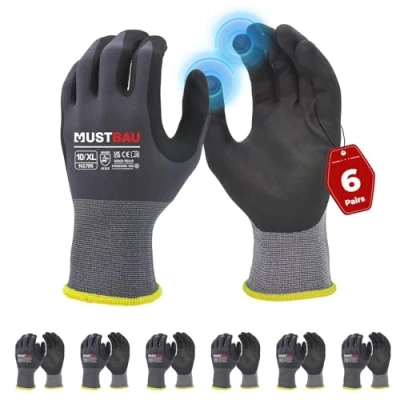 Imagen de Mustbau 6 Pares de Guantes Trabajo con Pantalla Táctil, Nitrilo Resistentes a la Abrasión, Excelente Agarre Adecuados para Jardinería, Mecánica, Construcción (Gris,XL)