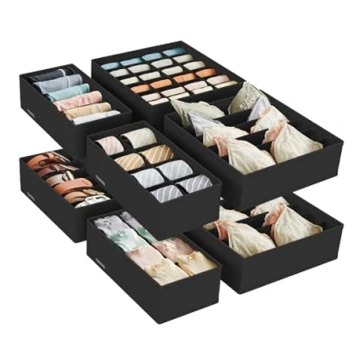 Imagen de SONGMICS Juego de 8 Organizadores para Cajones Ropa Interior, Divisores Cajones, Plegables, Sujetadores, Calcetines, Corbatas, Cajas Tela Armario, Negro RUS008B01