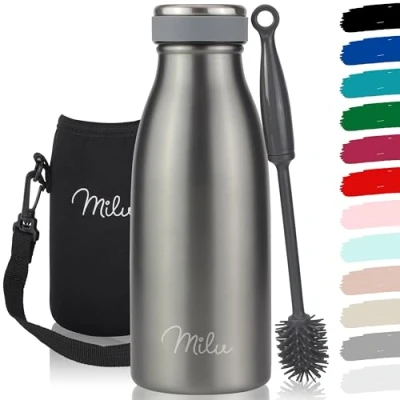 Imagen de Milu Botella de acero inoxidable, 350, 500, 750 ml, 1 l, 1,5 termo a prueba fugas, doble pared, apto para bebidas con gas, niños y adultos, incluye cepillo limpieza, gris, 350 ml