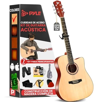 Imagen de Pyle guitarra acustica, Tamaño completo, Estandar, 41, Principiantes, Cuerdas de acero, Con bolsa, Afinador, Correa y Puas, Acabado mate natural