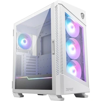 Imagen de MSI MPG Velox 100R White Carcasa para PC juegos de torre media Panel lateral vidrio templado 4 ventiladores ARGB 120 mm Soporte refrigeración líquida radiador hasta 360