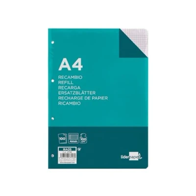 Imagen de RECAMBIO LIDERPAPEL A4 100 HOJAS 100G/M2 CUADRO 4MM CON MARGEN 4 TALADROS