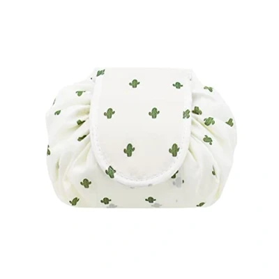 Imagen de ONEGenug bolsa de maquillaje con cordón mejorada, cosméticos terciopelo un solo paso, para mujeres perezosas, Cactus blanco