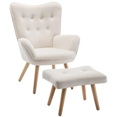 Imagen de HollyHOME Sillon con Reposapies para Salón Sillón de Lectura, Silla Relax Lectura Dormitorio Comodos Terciopelo Reposapiés, Beige