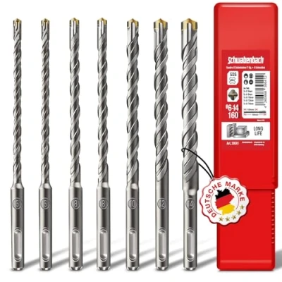 Imagen de SCHWABENBACH ® Juego de brocas para hormigón SDS PLUS Super 7pcs. 6 8 10 12 14 x 160 mm Broca mampostería compatible con taladro percusión Bosch Hilti Makita Metabo