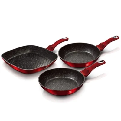 Imagen de Berlinger Haus, BH 1289NF, Burgundy Juego 2 Sartenes y Grill Inducción 20 24 28cm, Aluminio Forjado, Antiadherente Ecológico Marmol sin PFOA, Diseño Metallic Line Rojo, Vitrocerámica