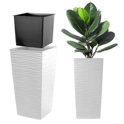 Imagen de KADAX Macetero Alto de Diseño Moderno para Plantas Interior y Exterior, Maceta Grande Plástico, Jardinera Alta (Texturizado, Blanco, 57.5 cm)