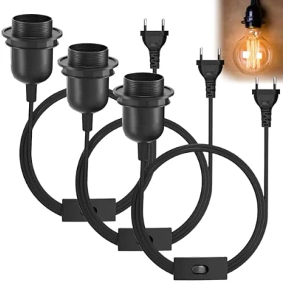 Imagen de 3 portalámparas E27 con interruptor enchufe, cable de 3,5 m alimentación negro para cocina, salón y habitación infantil