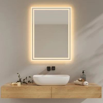 Imagen de EMKE Espejo de baño con iluminación, 80 x 60 cm, LED para Cuarto baño, luz Blanca cálida 3000 K, Pared Horizontal/Vertical, IP44 Económico en energía
