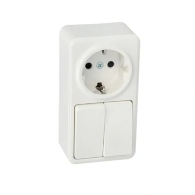 Imagen de Jandei Mecanismo Superficie Policarbonato Blanco, 250V (Doble Interruptor 2 circuitos + Enchufe Schuko)