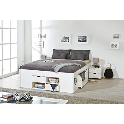 Imagen de Inter Link Cama doble Multifunción Con almacenaje funcional mesitas de noche 6 cajones 8 nichos Madera maciza 2 somieres Barnizado blanco Till 140 x 200 cm