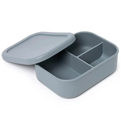 Imagen de Indian Tiffin Fiambrera de silicona Bento color gris, 3 compartimentos, apta para uso alimentario, a prueba fugas, microondas