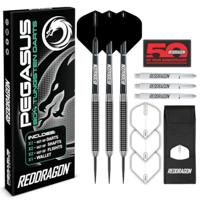 Imagen de RED DRAGON Pegasus 30 gram Juego de Dardos Profesionales Punta Acero tungsteno con Plumas, Tallos (Ejes) y Billetera