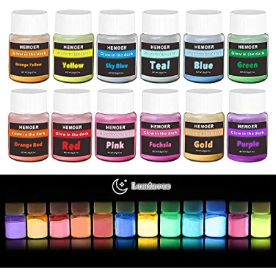 Imagen de HEMOER Polvo Fluorescente, 12 Colores Pigmentos Luminiscente para Pintura, uñas, Manualidades, Resina epoxi, Cara, Cuerpo, Pintura en Fluorescente x 20gr